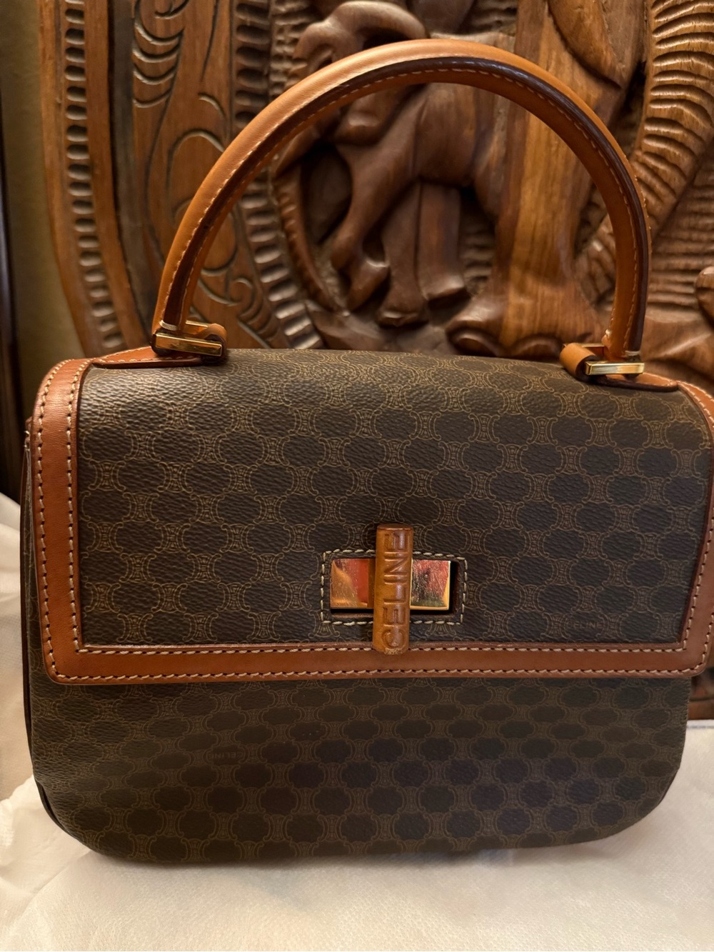 CELINE Macadam Turn Lock Brown Top-Handle Women's Bag with Italian Leather